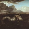 An oil painting by Washington Allston of ships in a storm at sea, 1804.