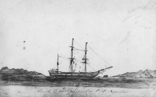 Sketch of the Cygnet at anchorage, Port Augusta, April 1833.