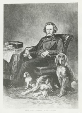 Portrait of Edward Gibbon Wakefield sitting with his three dogs