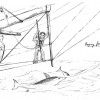 1849 sketch of a sailor trying to catch a porpoise while standing on the bowsprit of the ship